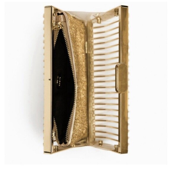 Zara Limited Edition Rhinestones Metallic Golden Cage Style Box Clutch Bag Chain - Picture 3 of 14